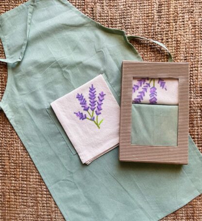 Green Apron with Lavender Tea Towel